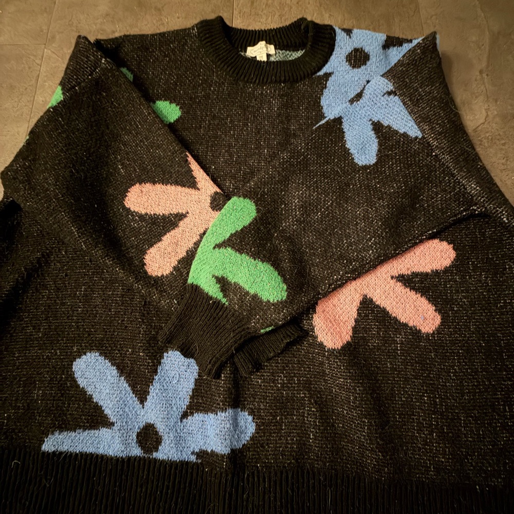 Mud Pie Black Sweater with Colorful Floral Accents